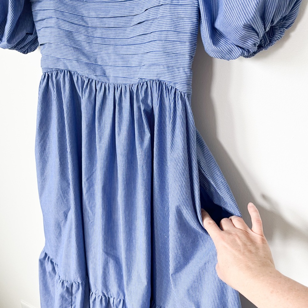 Abercrombie & Fitch Emerson Puff Sleeve Midi Dress Blue Pintstripe Womens Small - Picture 5 of 13